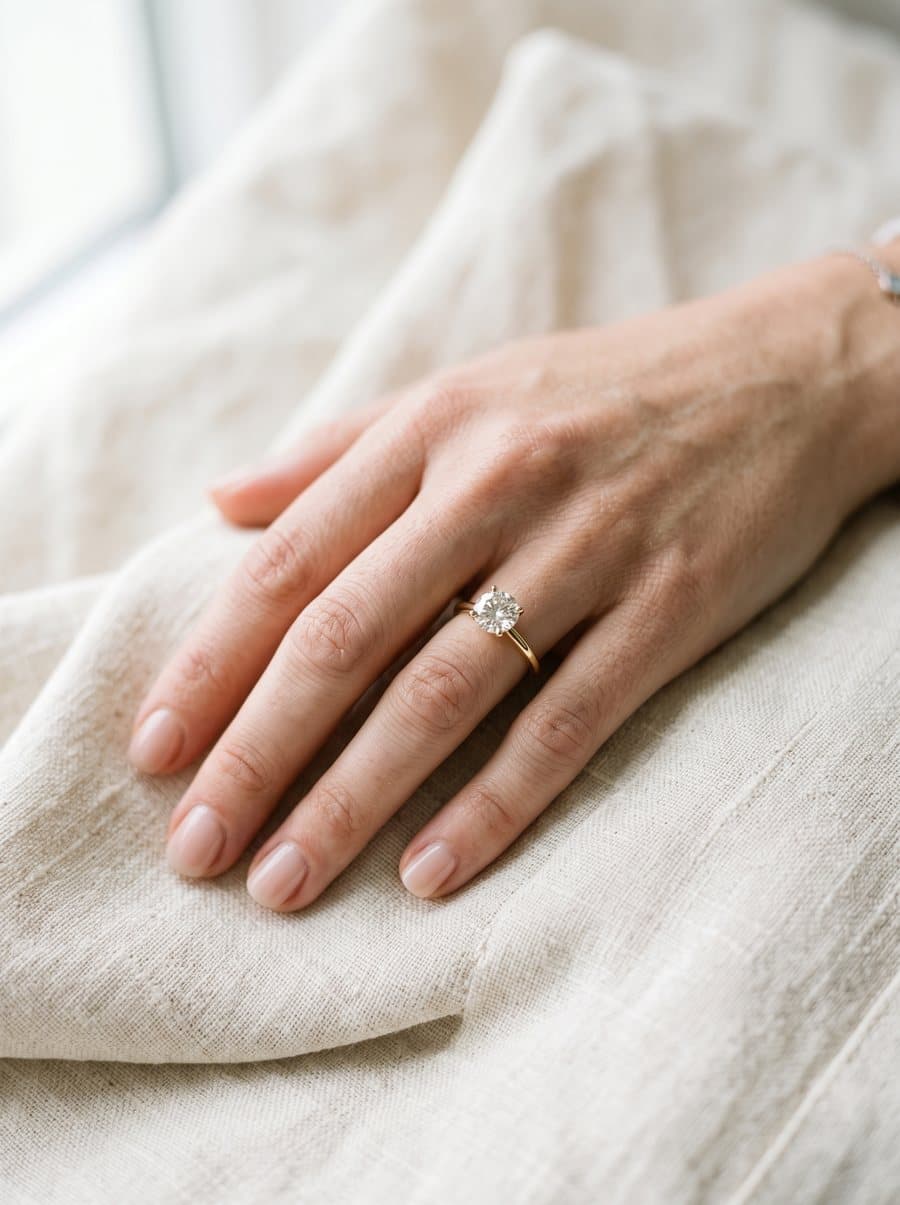 Hand wearing a gold solitaire ring on cream linen