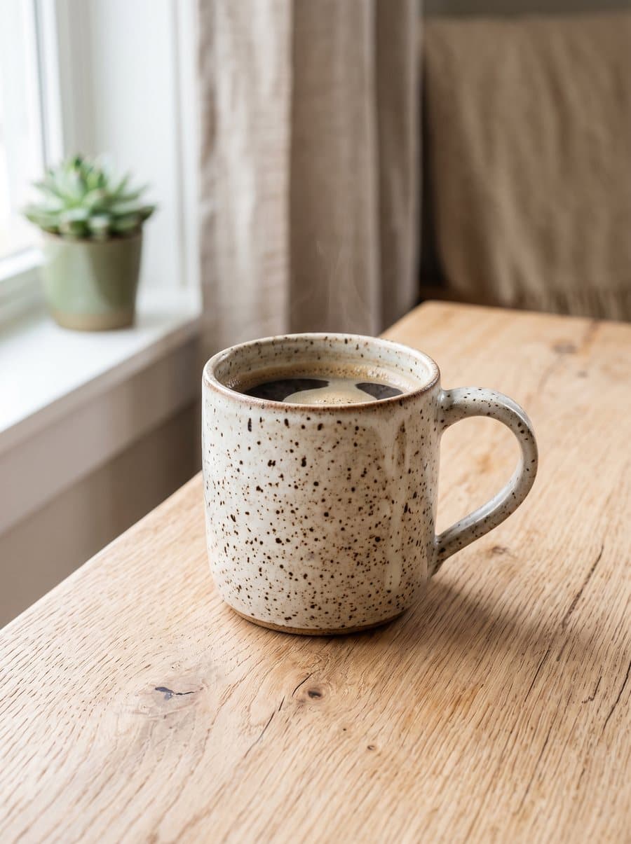 Speckled ceramic mug on an oak table