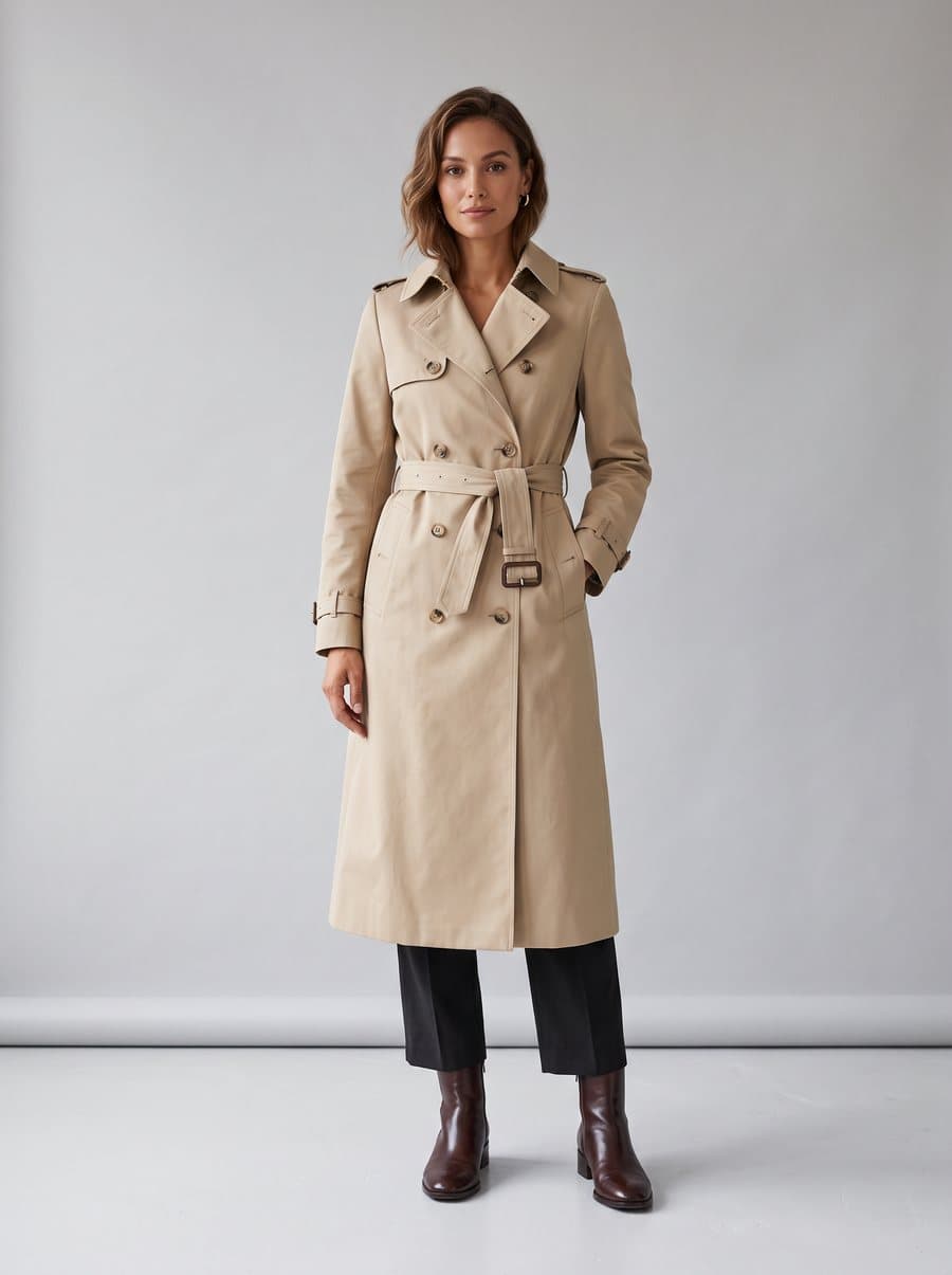 Model in a beige trench coat on a grey backdrop