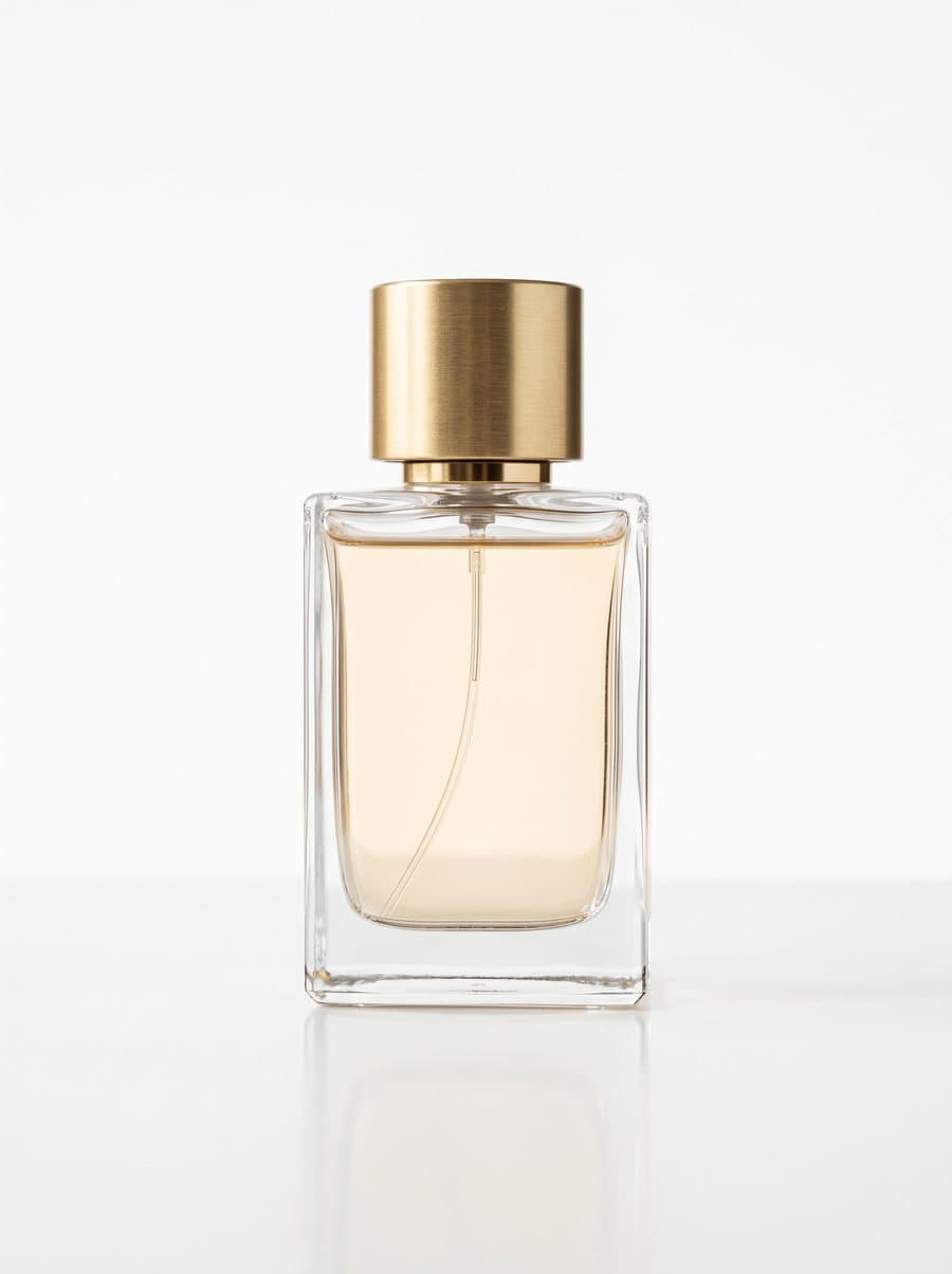 Glass perfume bottle with a gold cap on white