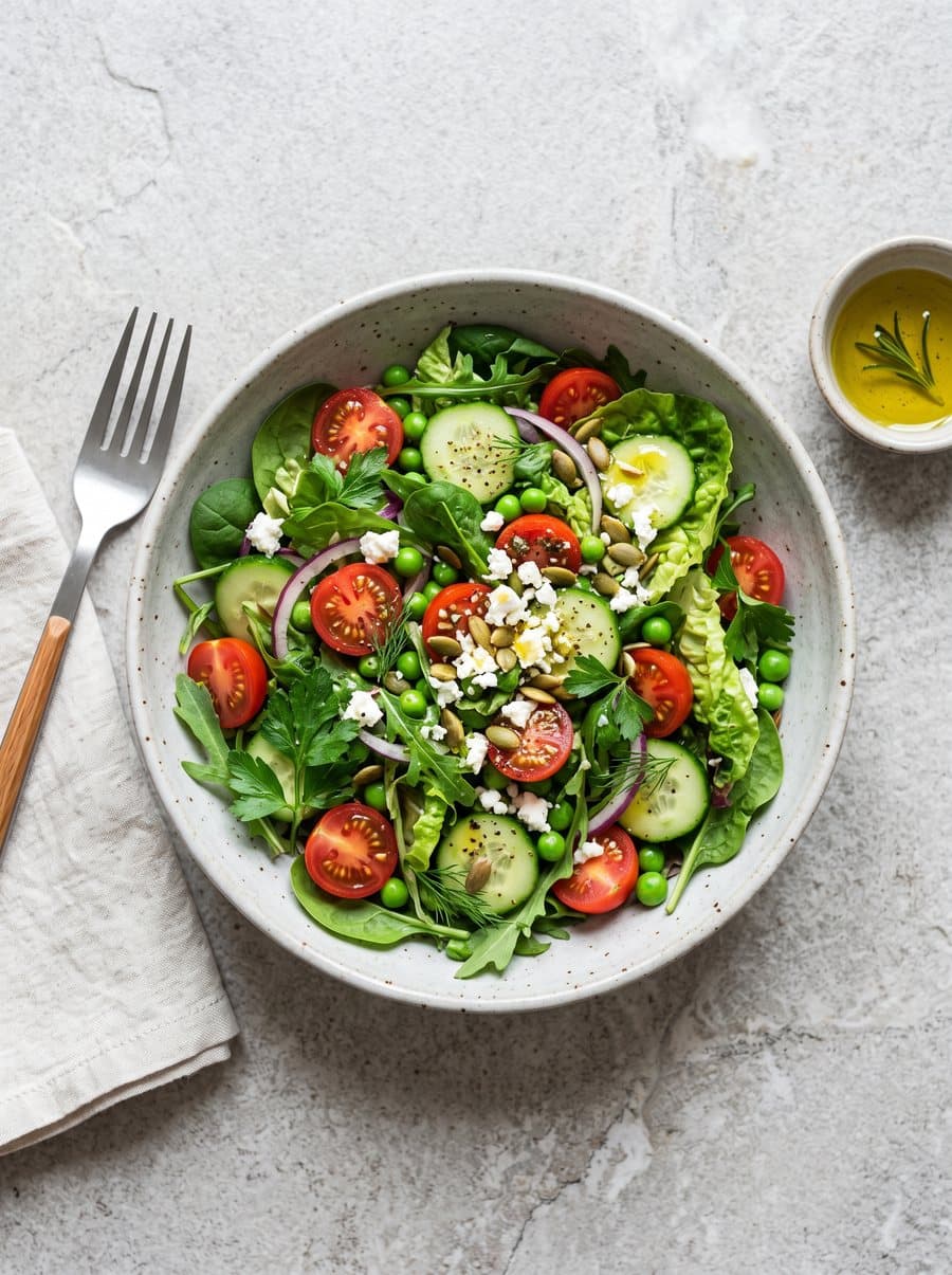 Bowl of green salad seen from above