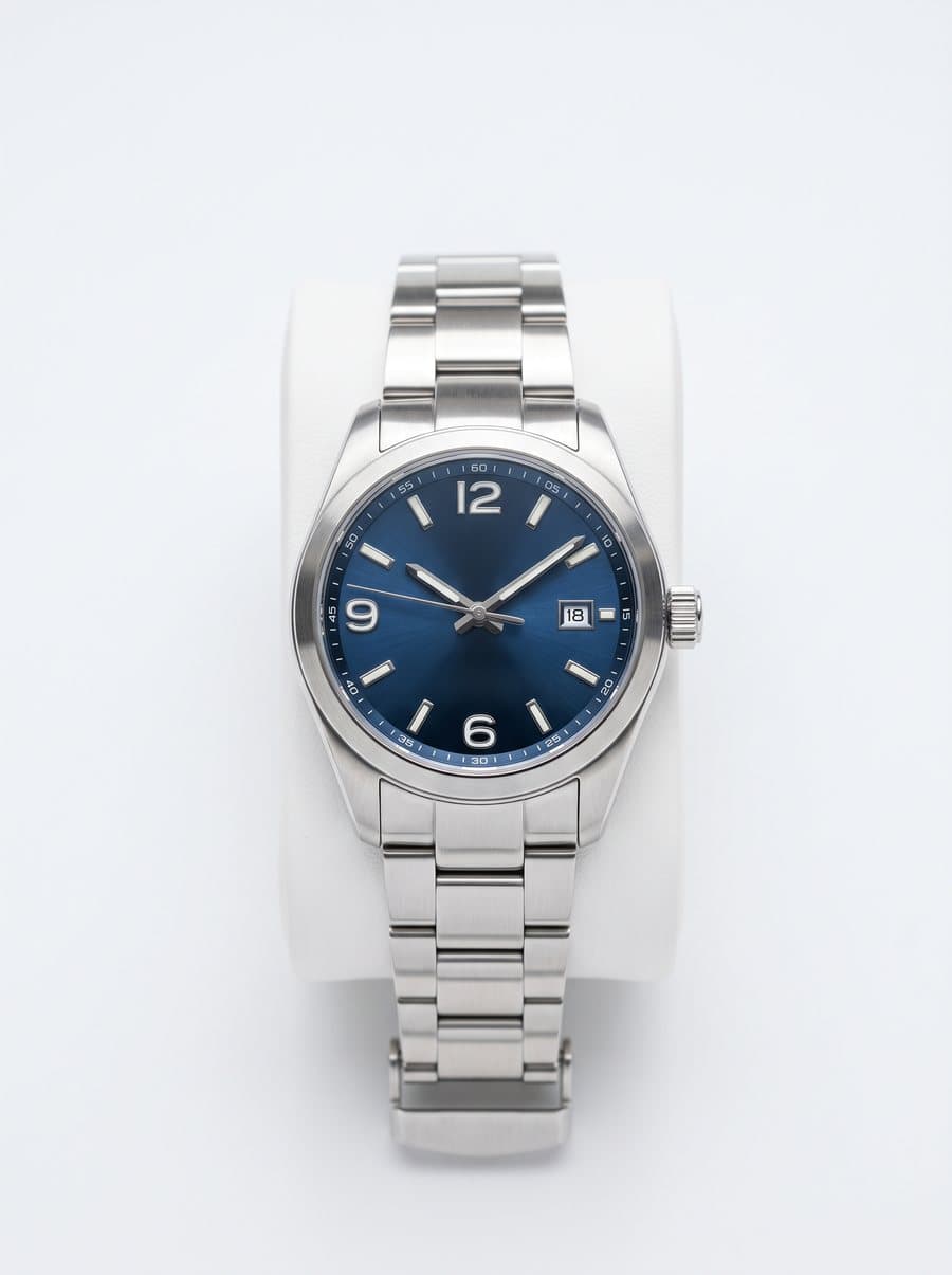 Steel wristwatch with a blue dial on white