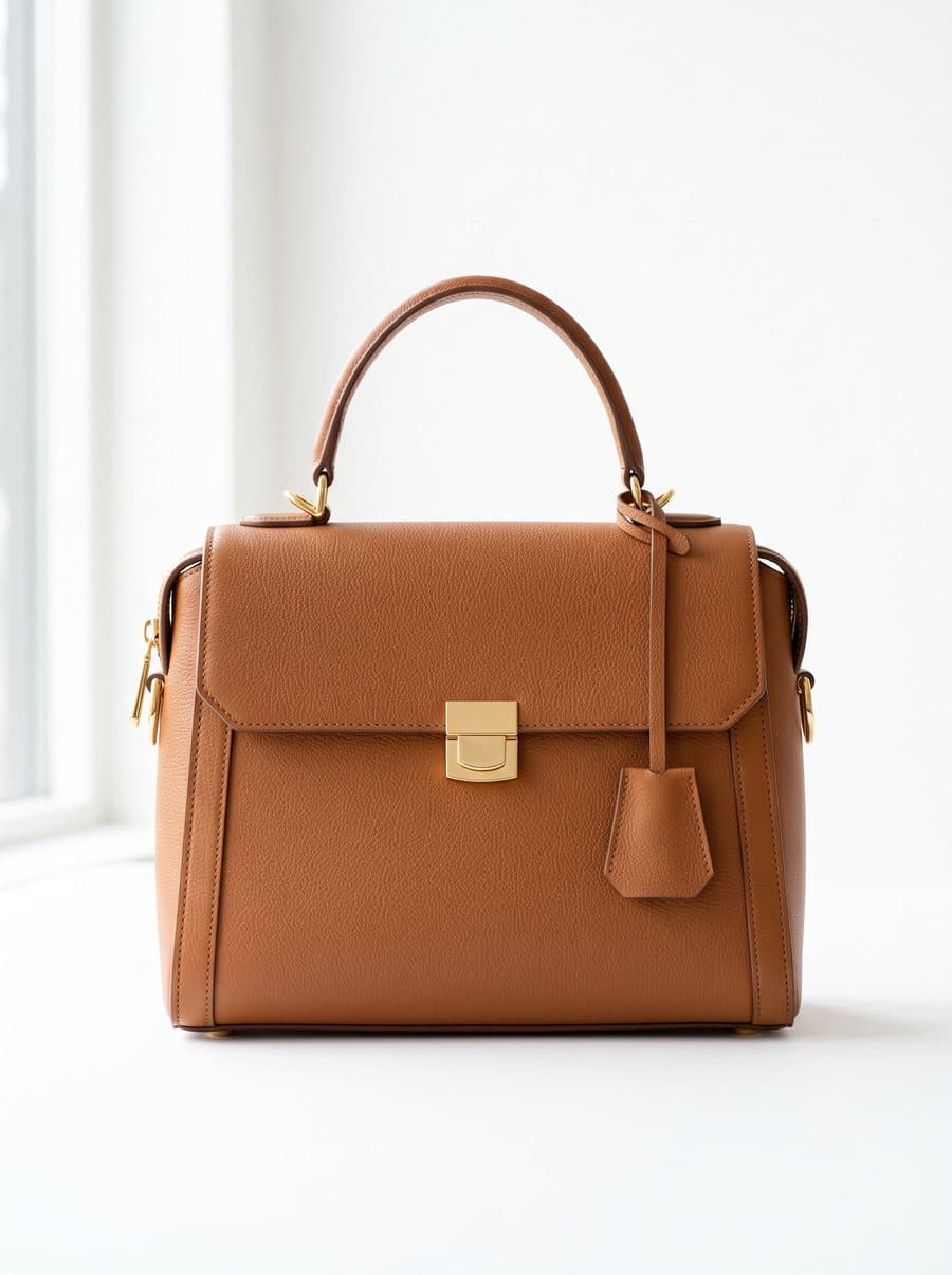 Tan leather handbag on white